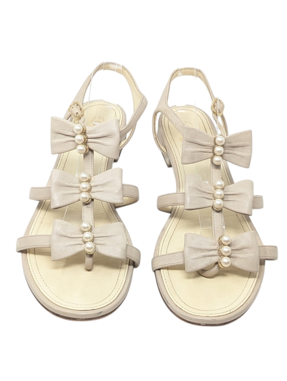 Chanel Pearl Triple Bow Nude Creamy Beige Sandals Size EU 38.5